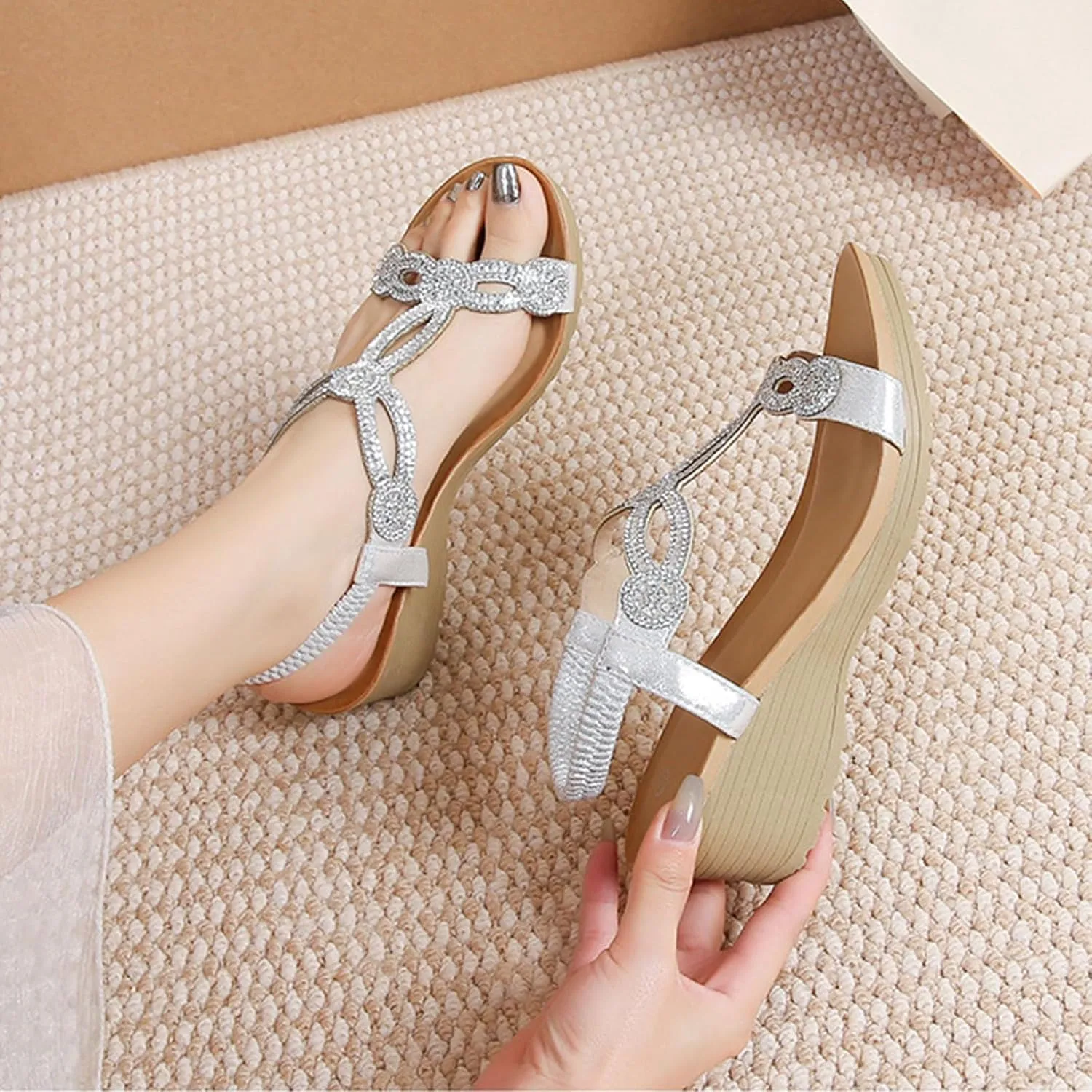 Womens Sandals Beach Flowers Women Summer Fashion Wedge Low Heel Open Toe Dressy Elastic Ankle Strap Rhinestone Bohemian Classic with Ajustable Design Platform Wedges Sandal