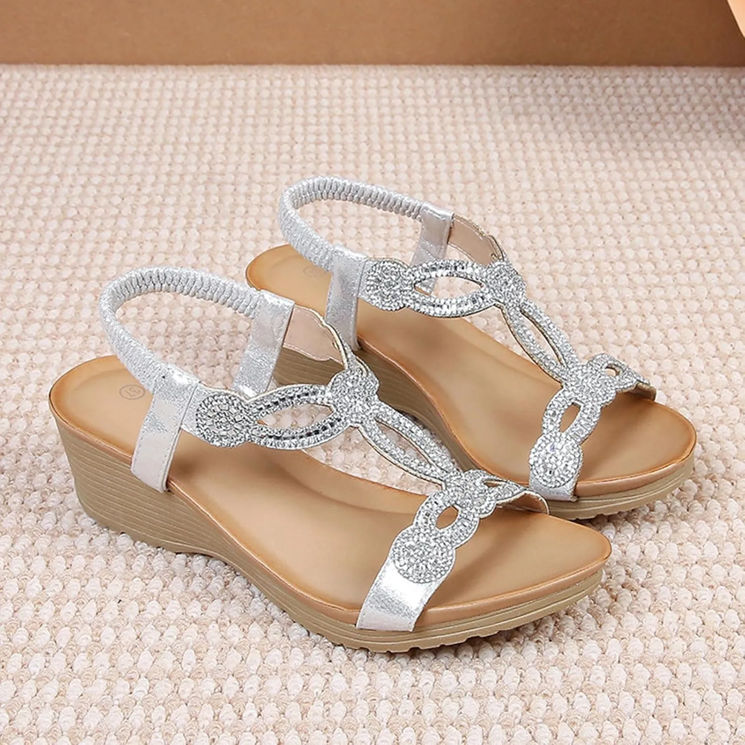 Womens Sandals Beach Flowers Women Summer Fashion Wedge Low Heel Open Toe Dressy Elastic Ankle Strap Rhinestone Bohemian Classic with Ajustable Design Platform Wedges Sandal