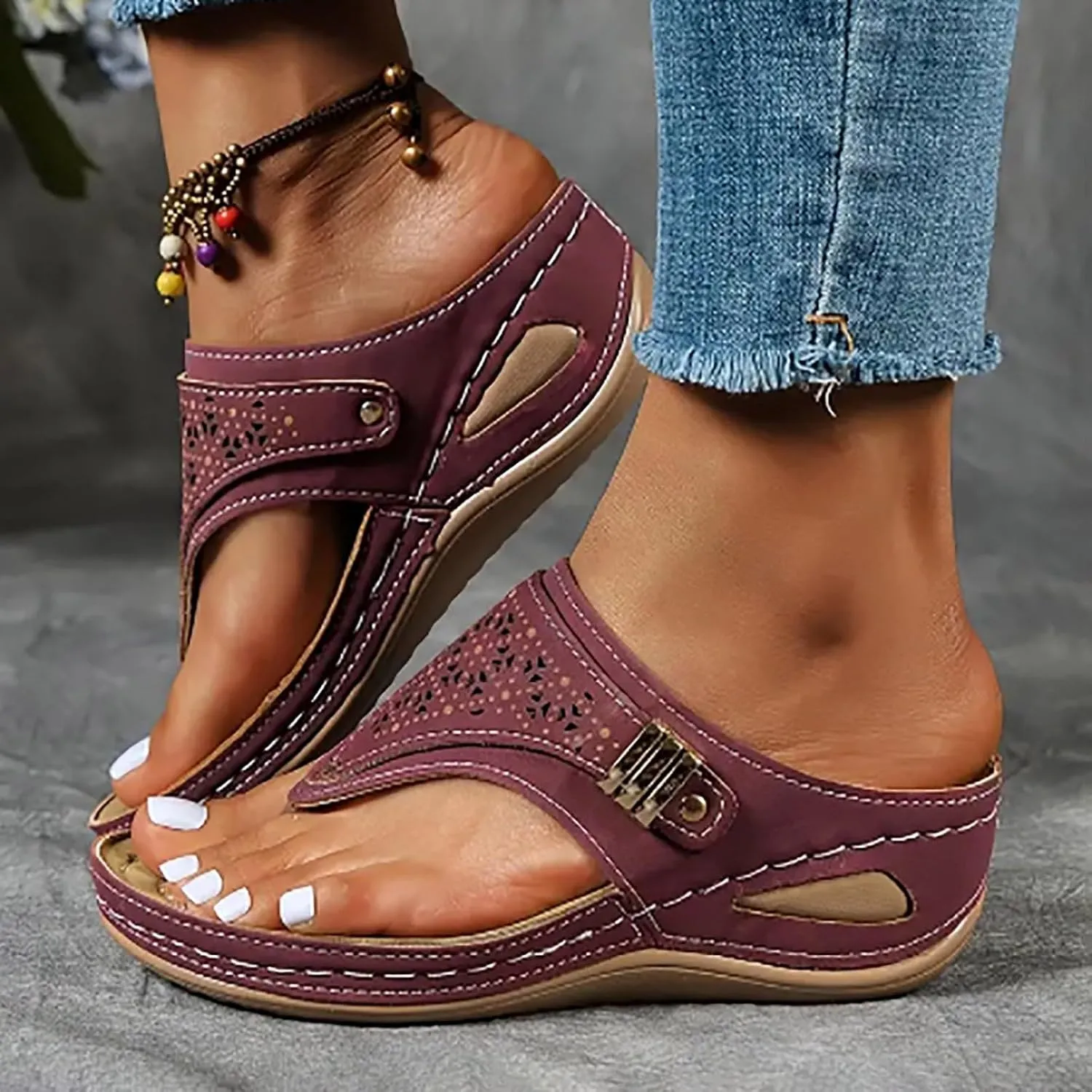 Womens Sandals Comfortable Dressy Wedge Arch Support Orthopedic Flip Flop Summer Vacation Beach Sandals Walking Shoes