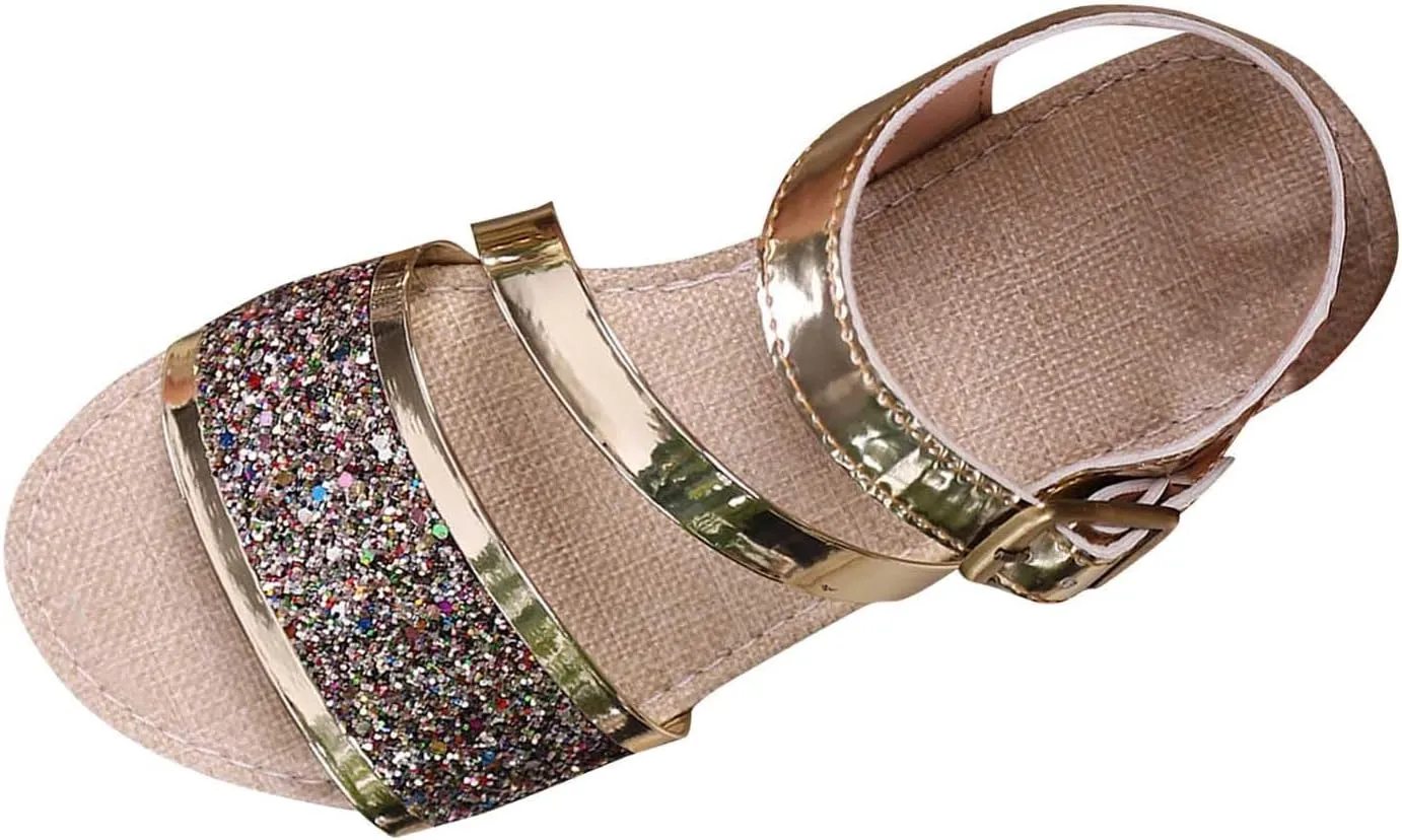 Womens Sandals with Sequins Espadrilles Summer Casual Platform Sandal Thick Sole Comfortable Open Toe Walking Shoes
