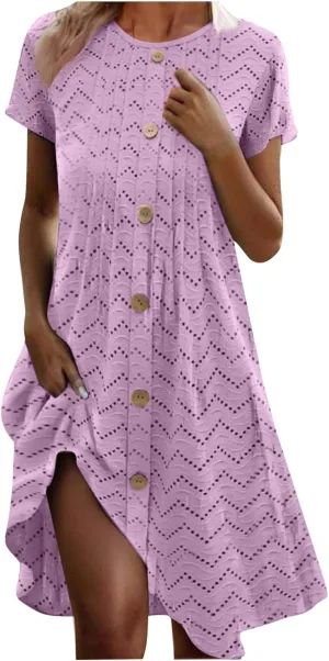 Womens Short Summer Dresses Casual Baggy Round Neck a Line Dresses Button Down Sundresses Beach Wear 2025 Vacation