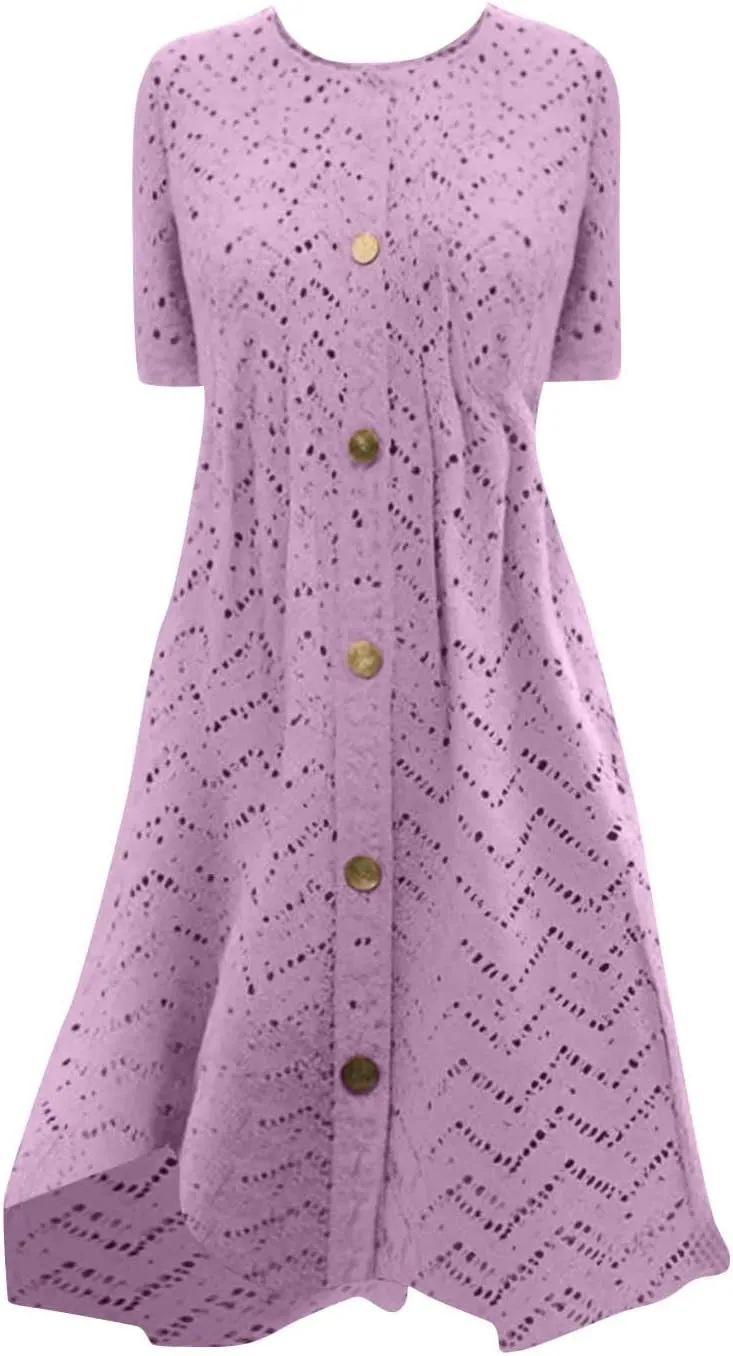 Womens Short Summer Dresses Casual Baggy Round Neck a Line Dresses Button Down Sundresses Beach Wear 2025 Vacation