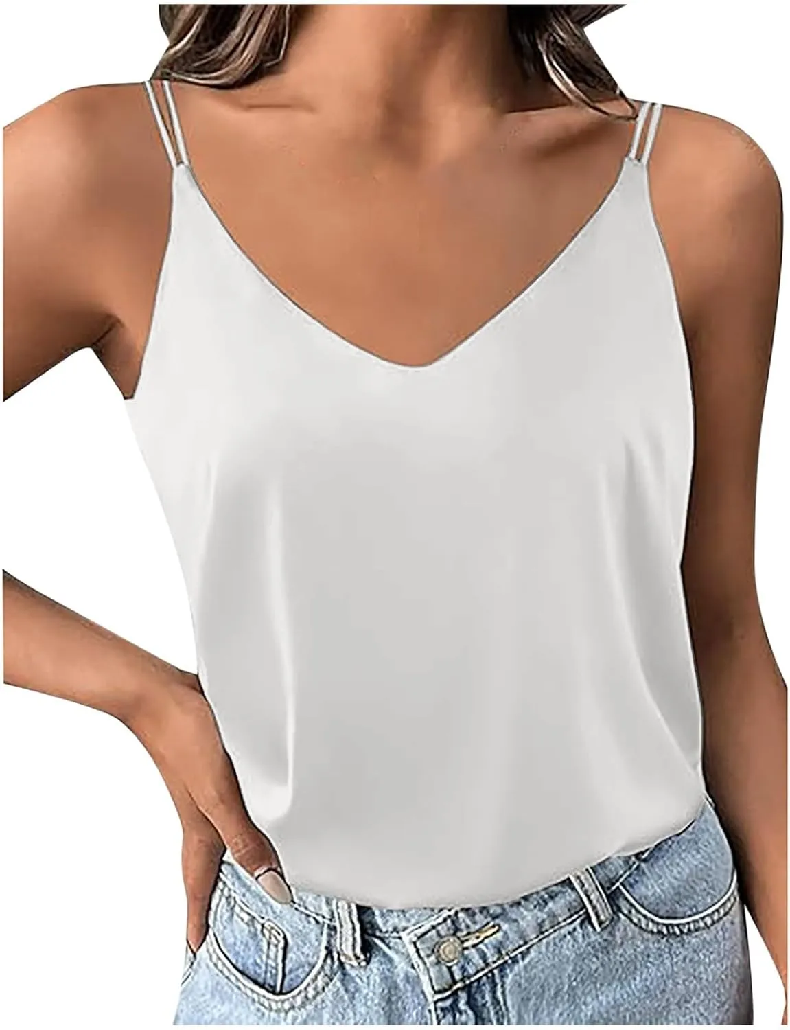 Womens Silk Satin Camisole Tank Tops V Neck Spaghetti Strap Blouses Back Sleeveless Shirt Half Top