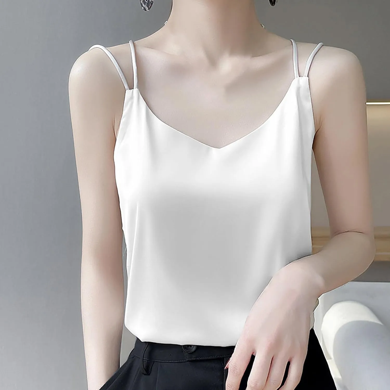 Womens Silk Satin Camisole Tank Tops V Neck Spaghetti Strap Blouses Back Sleeveless Shirt Half Top
