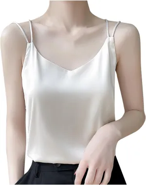 Womens Silk Satin Camisole Tank Tops V Neck Spaghetti Strap Blouses Back Sleeveless Shirt Half Top