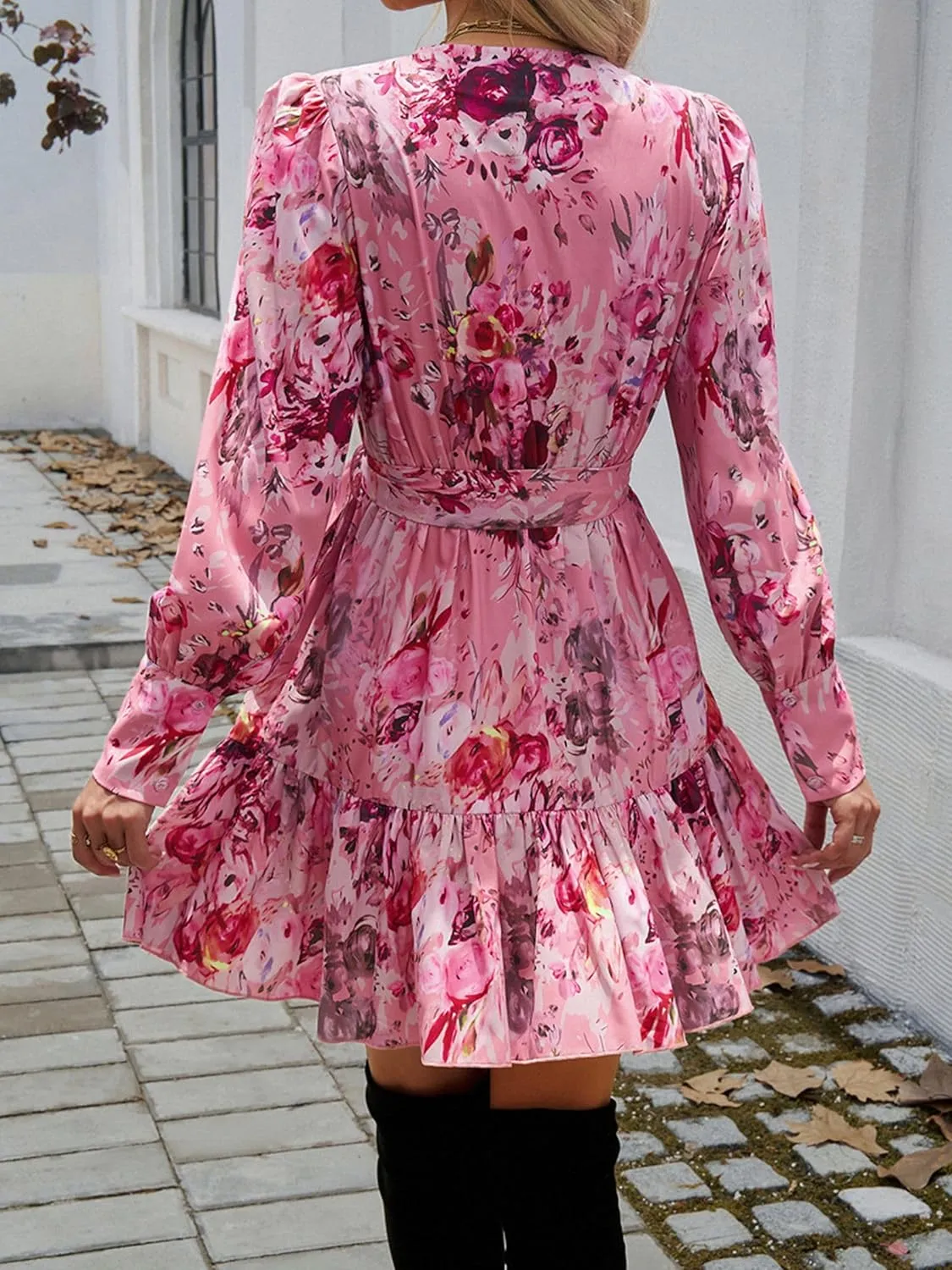 Womens Spring Summer 2025 Long Sleeve Wrap V Neck Ruffle Floral Mini Dress Causal Tie Waist Boho Holiday Dresses