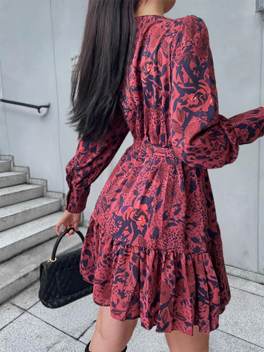 Womens Spring Summer 2025 Long Sleeve Wrap V Neck Ruffle Floral Mini Dress Causal Tie Waist Boho Holiday Dresses
