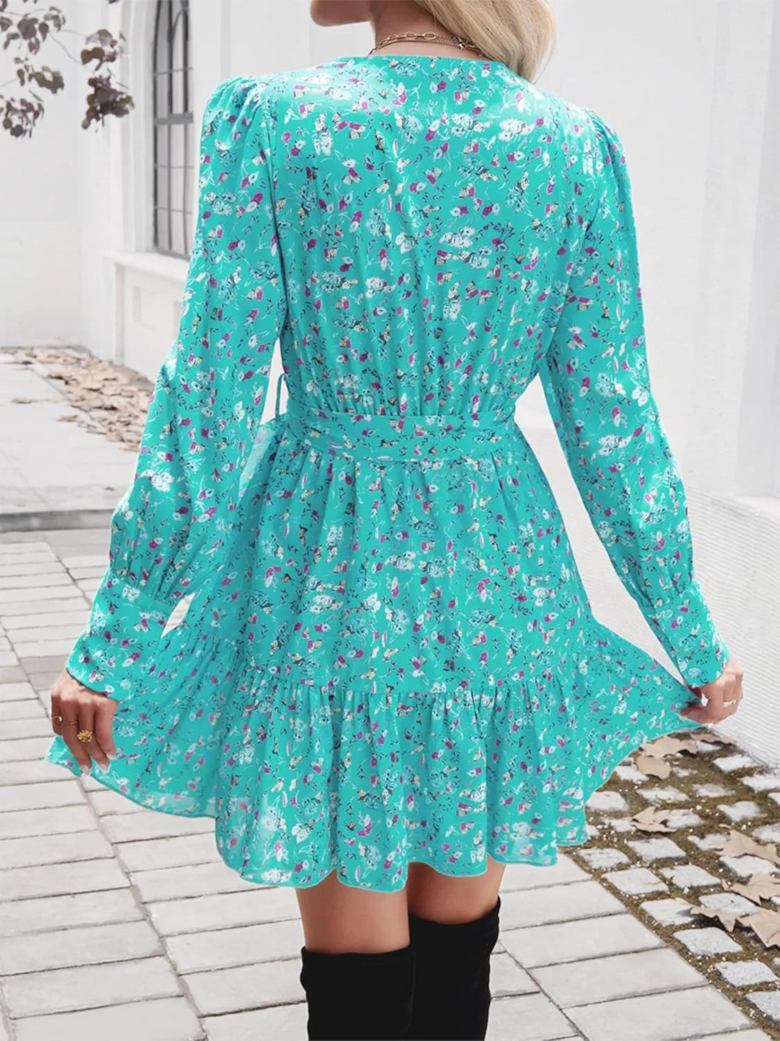 Womens Spring Summer 2025 Long Sleeve Wrap V Neck Ruffle Floral Mini Dress Causal Tie Waist Boho Holiday Dresses