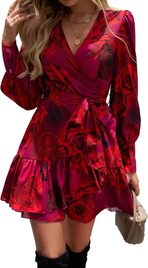Womens Spring Summer 2025 Long Sleeve Wrap V Neck Ruffle Floral Mini Dress Causal Tie Waist Boho Holiday Dresses