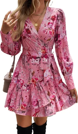 Womens Spring Summer 2025 Long Sleeve Wrap V Neck Ruffle Floral Mini Dress Causal Tie Waist Boho Holiday Dresses