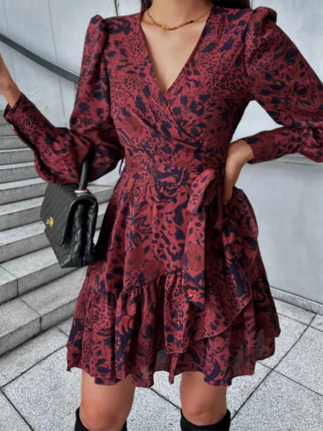 Womens Spring Summer 2025 Long Sleeve Wrap V Neck Ruffle Floral Mini Dress Causal Tie Waist Boho Holiday Dresses