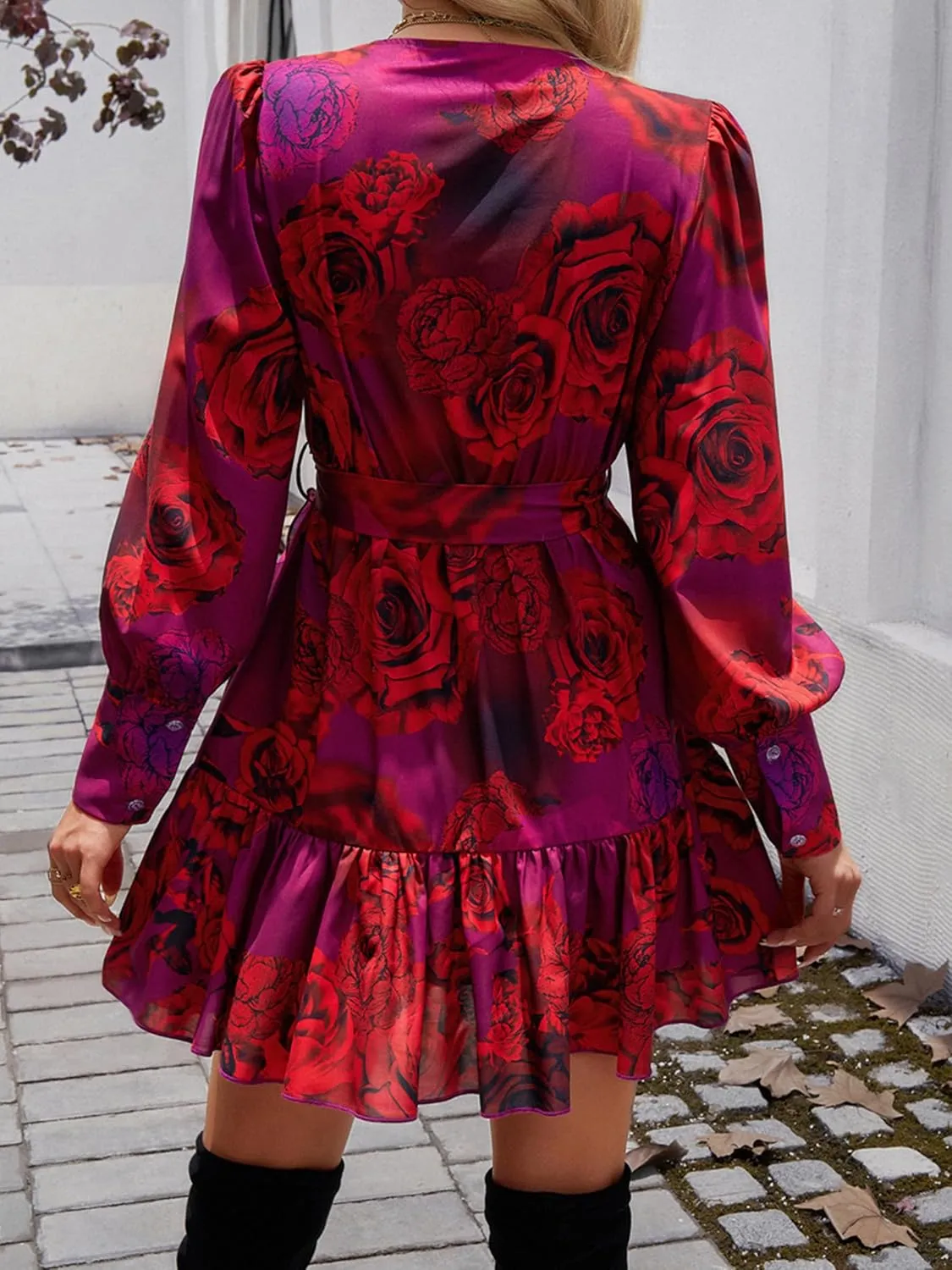 Womens Spring Summer 2025 Long Sleeve Wrap V Neck Ruffle Floral Mini Dress Causal Tie Waist Boho Holiday Dresses