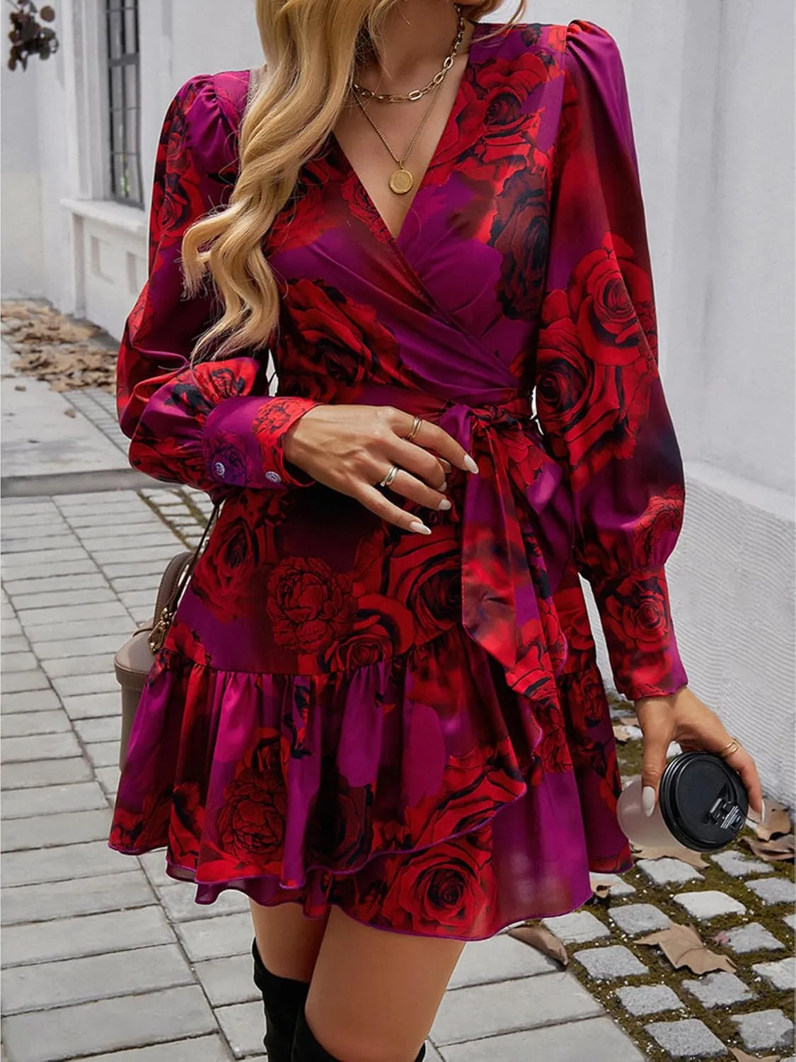 Womens Spring Summer 2025 Long Sleeve Wrap V Neck Ruffle Floral Mini Dress Causal Tie Waist Boho Holiday Dresses