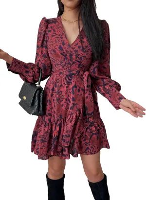 Womens Spring Summer 2025 Long Sleeve Wrap V Neck Ruffle Floral Mini Dress Causal Tie Waist Boho Holiday Dresses