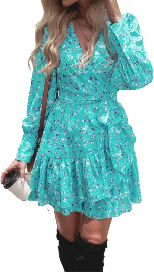Womens Spring Summer 2025 Long Sleeve Wrap V Neck Ruffle Floral Mini Dress Causal Tie Waist Boho Holiday Dresses