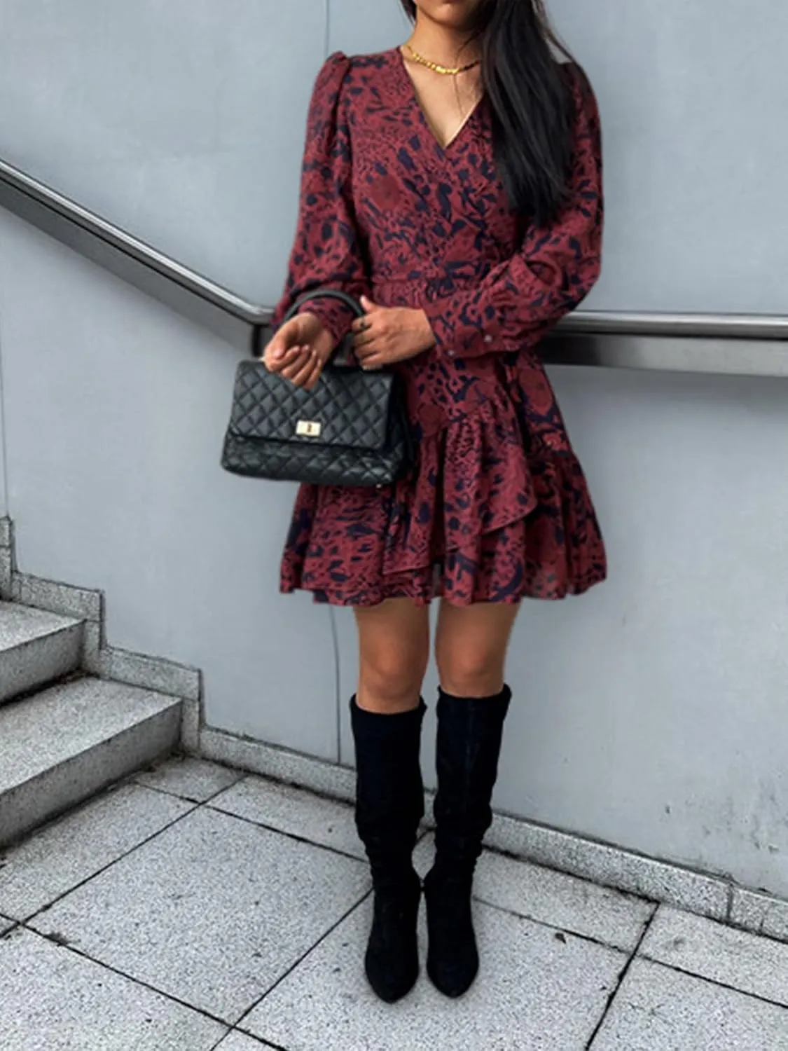 Womens Spring Summer 2025 Long Sleeve Wrap V Neck Ruffle Floral Mini Dress Causal Tie Waist Boho Holiday Dresses