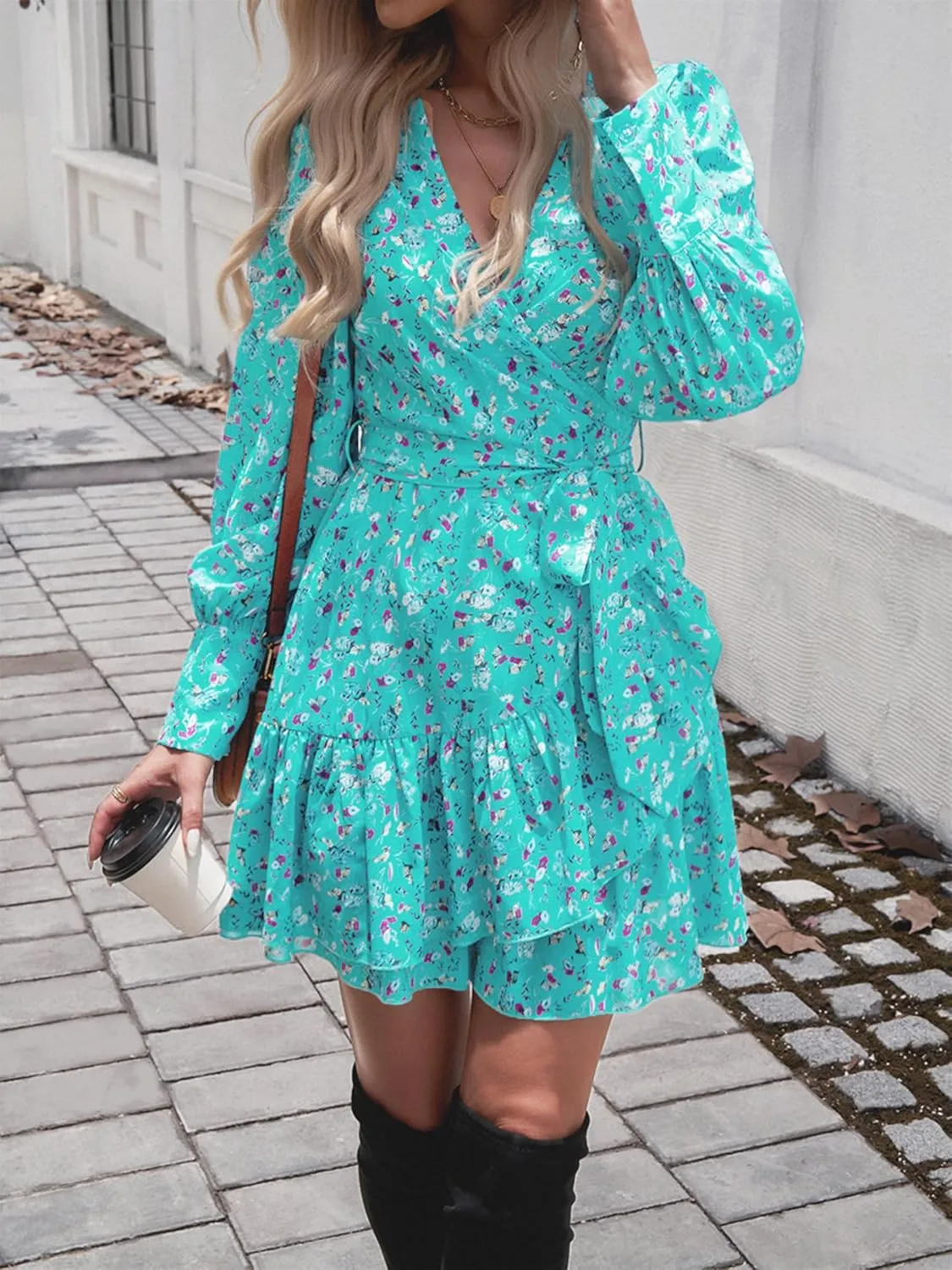 Womens Spring Summer 2025 Long Sleeve Wrap V Neck Ruffle Floral Mini Dress Causal Tie Waist Boho Holiday Dresses