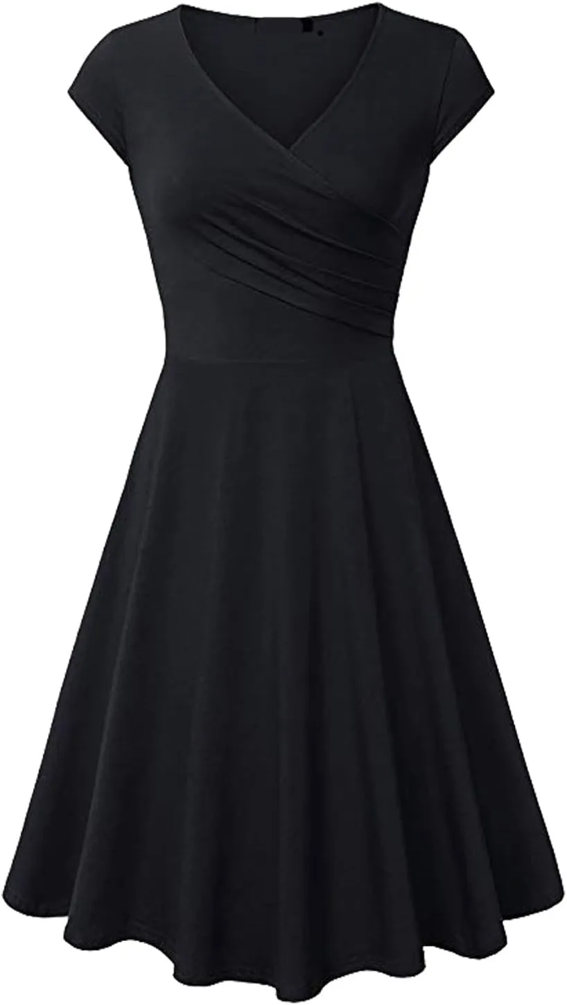 Women's Summer 1950s Vintage Dress Cocktail Swing A-Line Flared Midi Dress Wrap V Neck Cap Sleeve Slim Ruched Dresses