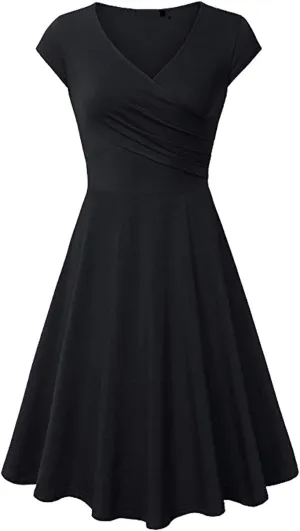 Women's Summer 1950s Vintage Dress Cocktail Swing A-Line Flared Midi Dress Wrap V Neck Cap Sleeve Slim Ruched Dresses