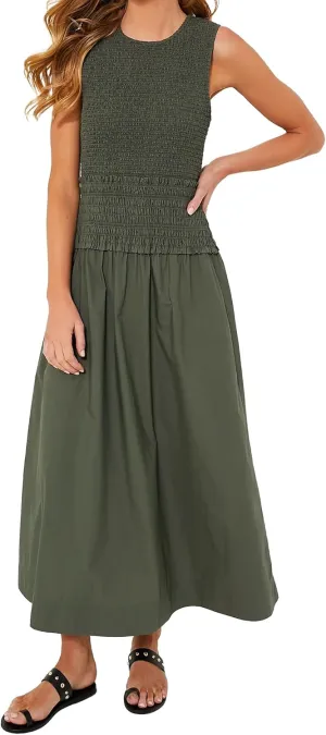 Womens Summer Army Green Sleeveless Maxi Dress Tiered Pleated Silhouette Skirt A-line Casual Dresses