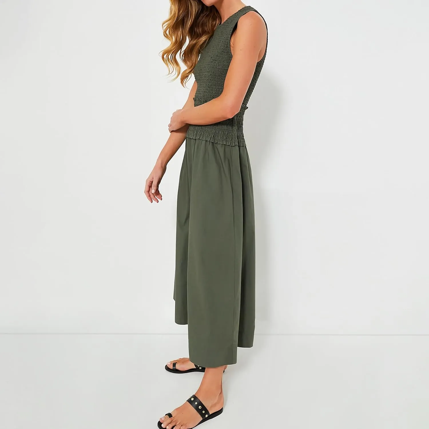 Womens Summer Army Green Sleeveless Maxi Dress Tiered Pleated Silhouette Skirt A-line Casual Dresses
