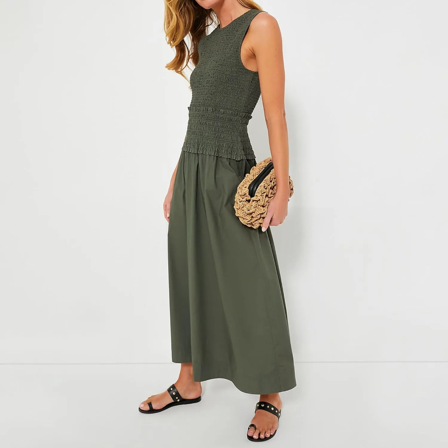 Womens Summer Army Green Sleeveless Maxi Dress Tiered Pleated Silhouette Skirt A-line Casual Dresses