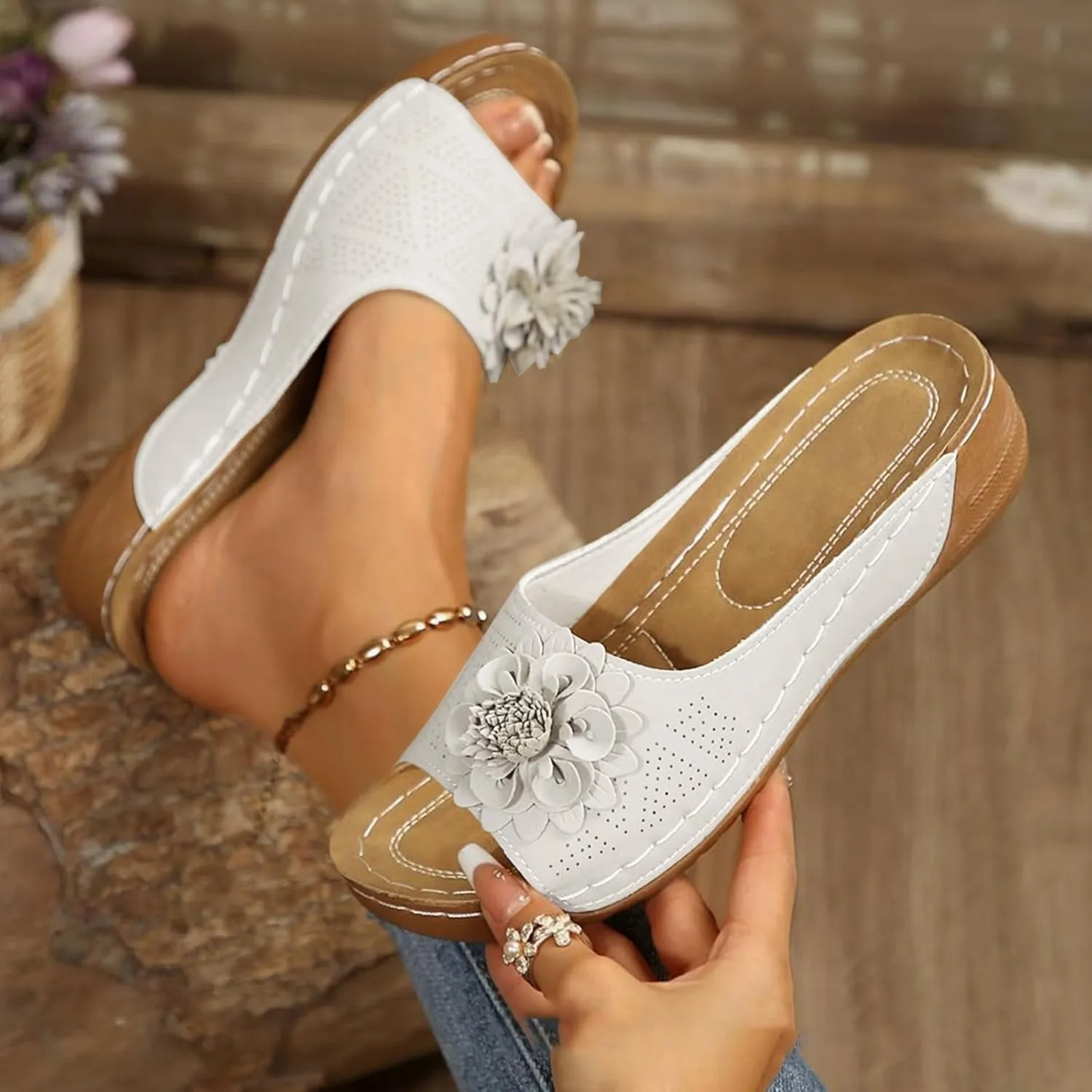 Womens Summer Beach Sandals Wedge Low Open Toe Slides Ladies Dressy Slipper Platform Comfortable Arch Support Sandal Orthopedic Walking Orthopedic Slip On Shoes Wide Width Outdoor Slippers