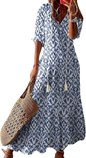 Women's Summer Boho Floral V Neck Ruffle Maxi Dress Flowy Casual Short Sleeve Tiered Beach Wedding Guest Tshirt Dress