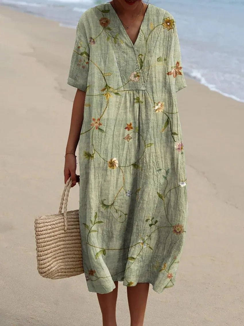 Women's Summer Casual Boho Floral Midi Dress Loose Short Sleeve V Neck Beach Vacation Tshirt Dress with Pockets