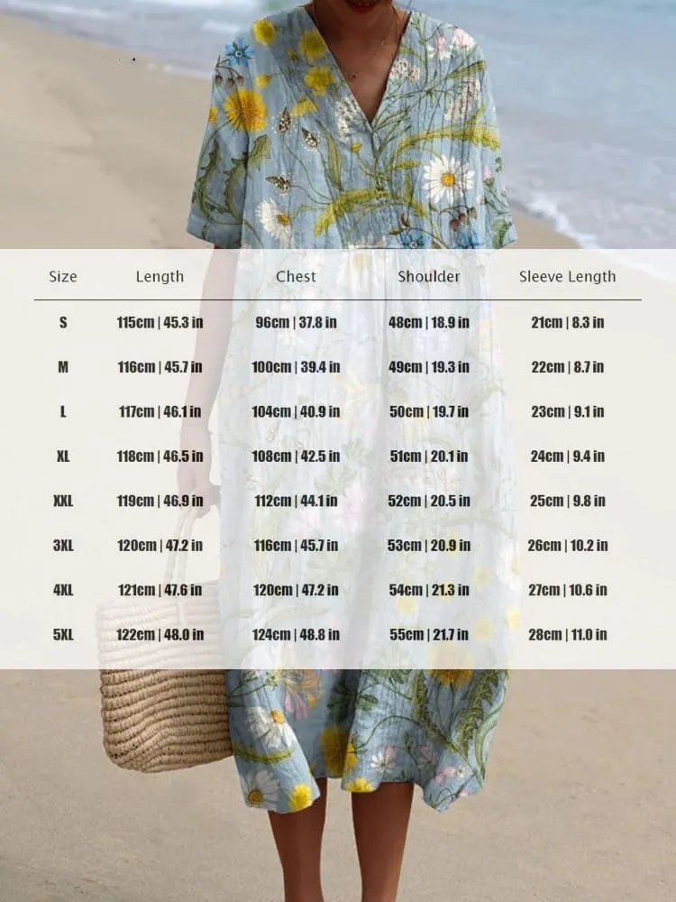 Women's Summer Casual Boho Floral Midi Dress Loose Short Sleeve V Neck Beach Vacation Tshirt Dress with Pockets