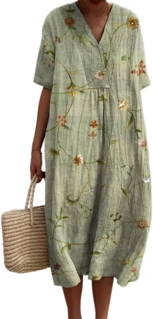 Women's Summer Casual Boho Floral Midi Dress Loose Short Sleeve V Neck Beach Vacation Tshirt Dress with Pockets