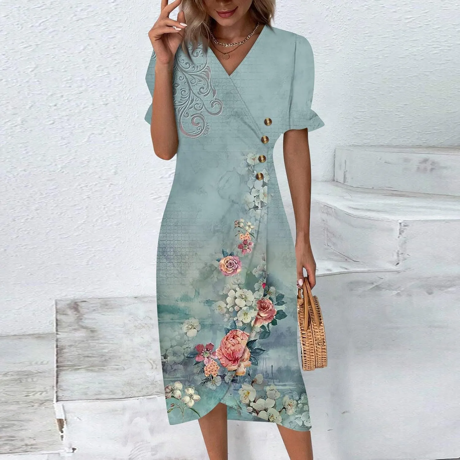 Womens Summer Dresses Ethnic Style Midi Dresses for Women Puff Sleeve Womens Summer Dresses Summer
