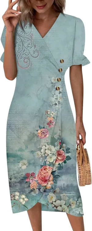 Womens Summer Dresses Ethnic Style Midi Dresses for Women Puff Sleeve Womens Summer Dresses Summer