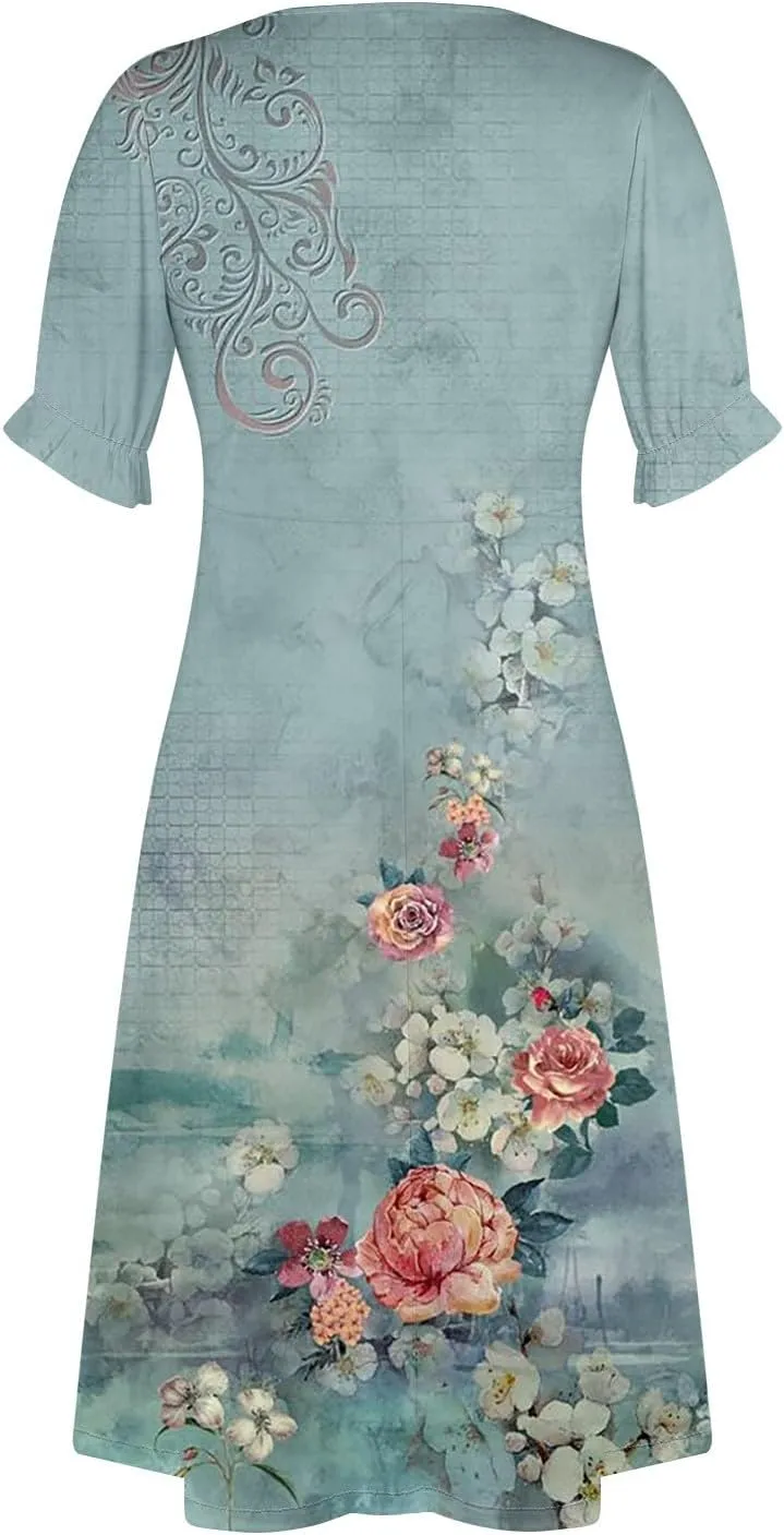 Womens Summer Dresses Ethnic Style Midi Dresses for Women Puff Sleeve Womens Summer Dresses Summer