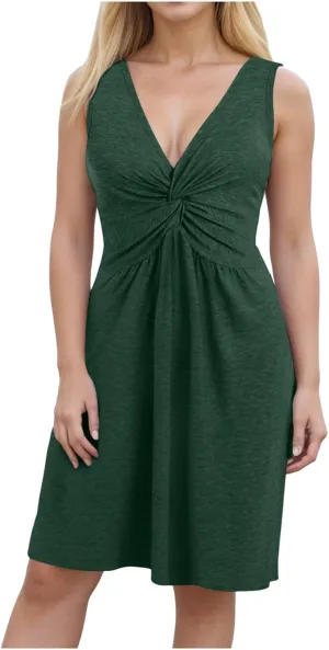 Womens Summer Sleeveless Mini Dress V Neck Boho Casual Ruffle Strap Flowy A-Line Long Beach Sundress