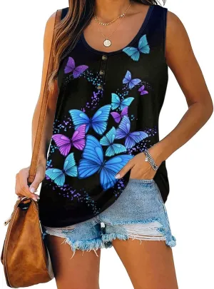 Womens Summer Tops 2023 Sleeveless Henley T-Shirts Tops Casual Button Down Tunics Holiday Going Out Tank Top Tee