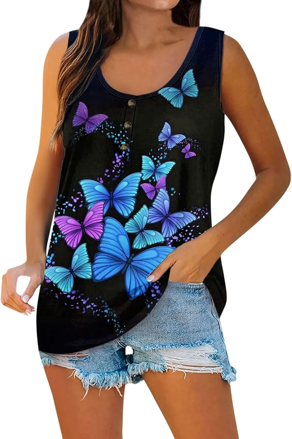 Womens Summer Tops 2023 Sleeveless Henley T-Shirts Tops Casual Button Down Tunics Holiday Going Out Tank Top Tee