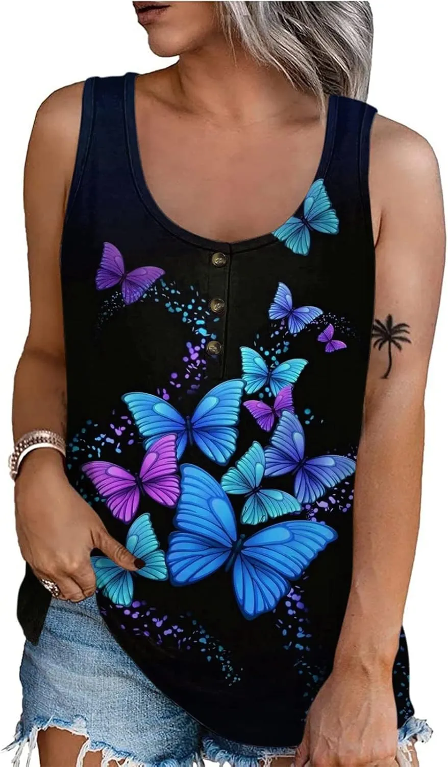 Womens Summer Tops 2023 Sleeveless Henley T-Shirts Tops Casual Button Down Tunics Holiday Going Out Tank Top Tee
