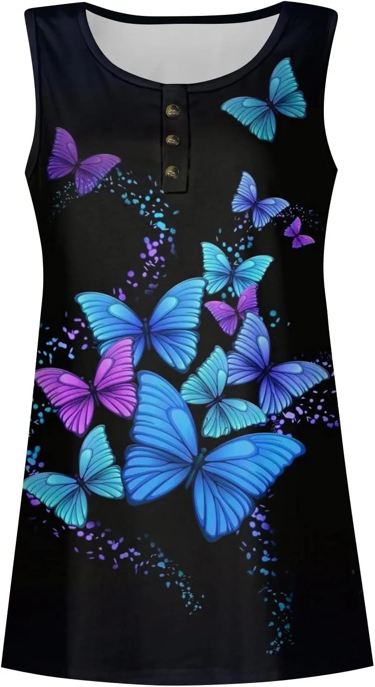 Womens Summer Tops 2023 Sleeveless Henley T-Shirts Tops Casual Button Down Tunics Holiday Going Out Tank Top Tee