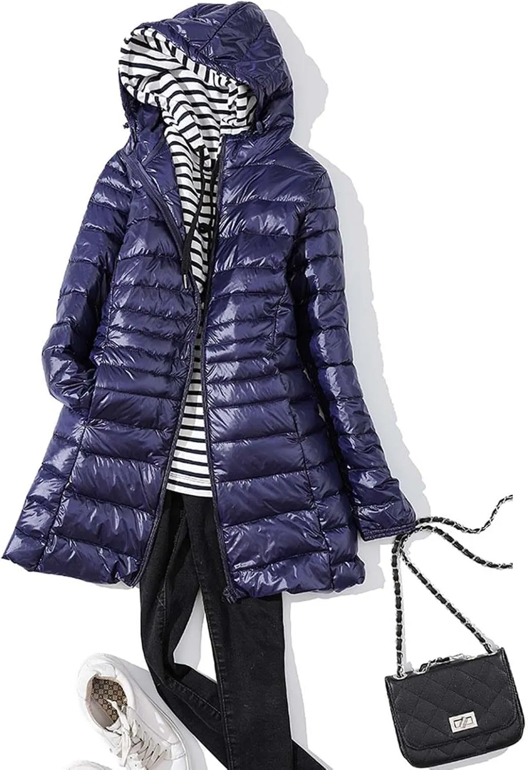 Women's Warm Winter Glossy Down Jacket Ultralight Long Down Outerwear Puffer Jacket Hooded Coat Packable Long-Sleeve with