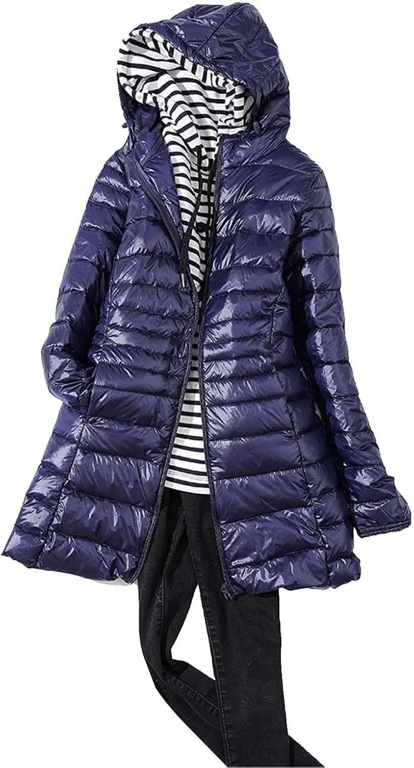 Women's Warm Winter Glossy Down Jacket Ultralight Long Down Outerwear Puffer Jacket Hooded Coat Packable Long-Sleeve with