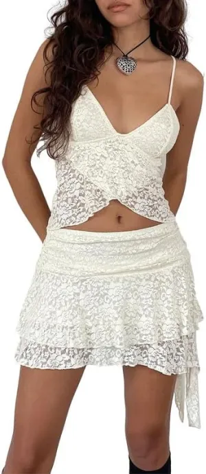 Y2k Ruffle Mini Skirt for Women Lace Hem Low Rise Pleated Short Skirt Fairy A-line Tiered Flowy Skirt Streetwear