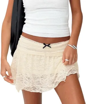 Y2k Ruffle Mini Skirt for Women Lace Hem Low Rise Pleated Short Skirt Fairy A-line Tiered Flowy Skirt Streetwear