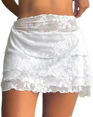 Y2k Ruffle Mini Skirt for Women Lace Hem Low Rise Pleated Short Skirt Fairy A-line Tiered Flowy Skirt Streetwear