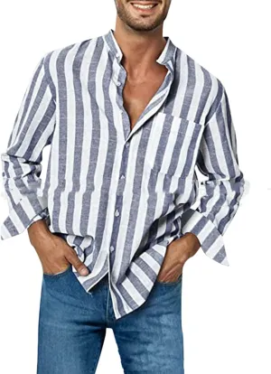 YawYews Men's Casual Long Sleeve Button Down Shirts Linen Striped Dress Shirts Beach Work Yoga Shirts