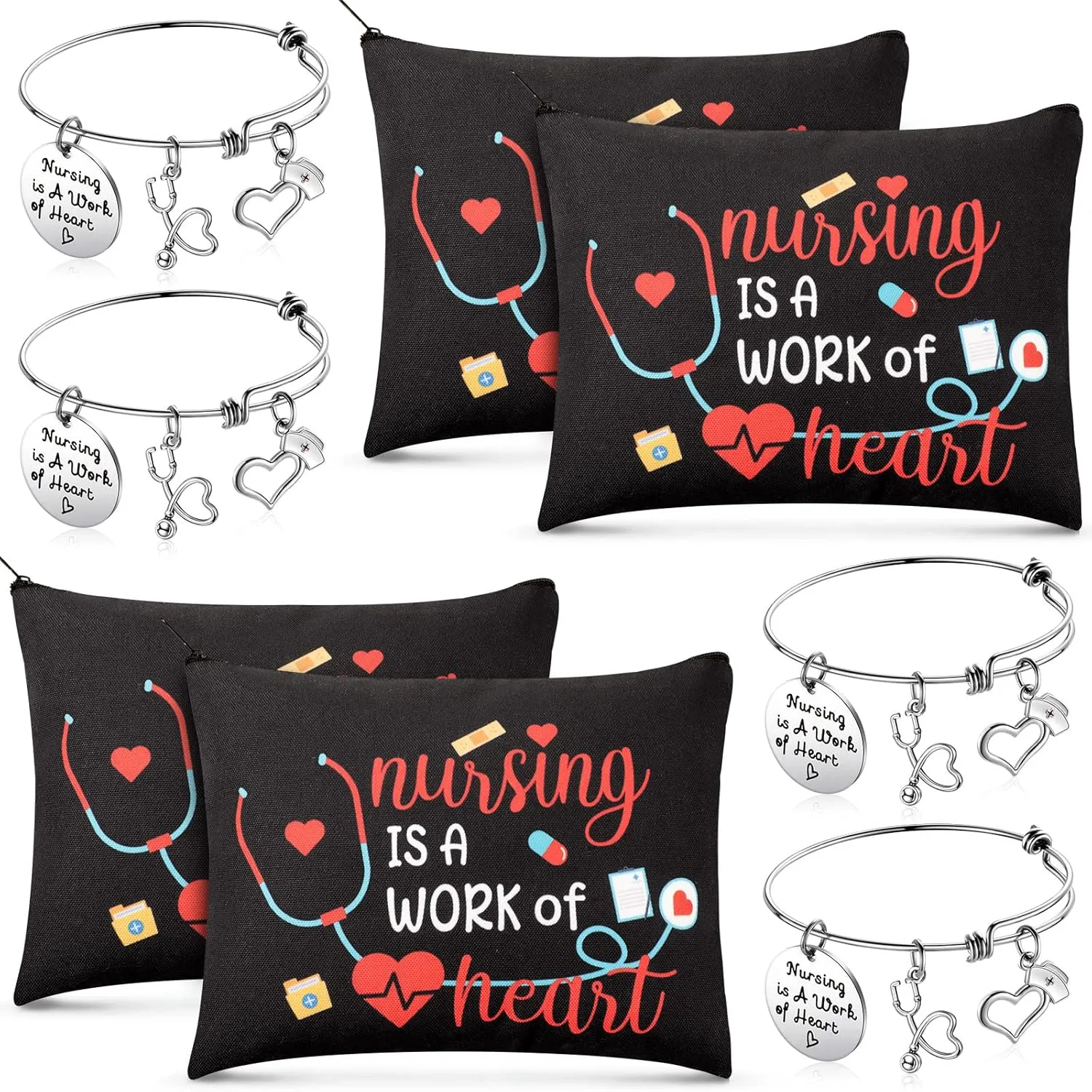 Yinkin 8 Pcs Nurse Appreciation Gifts Set Include 4 Makeup Cosmetic Bag with 4 Bracelets for Women CNA Week Nurse Assistant Day Birthday Nursing Graduation Gifts(Heart Style)