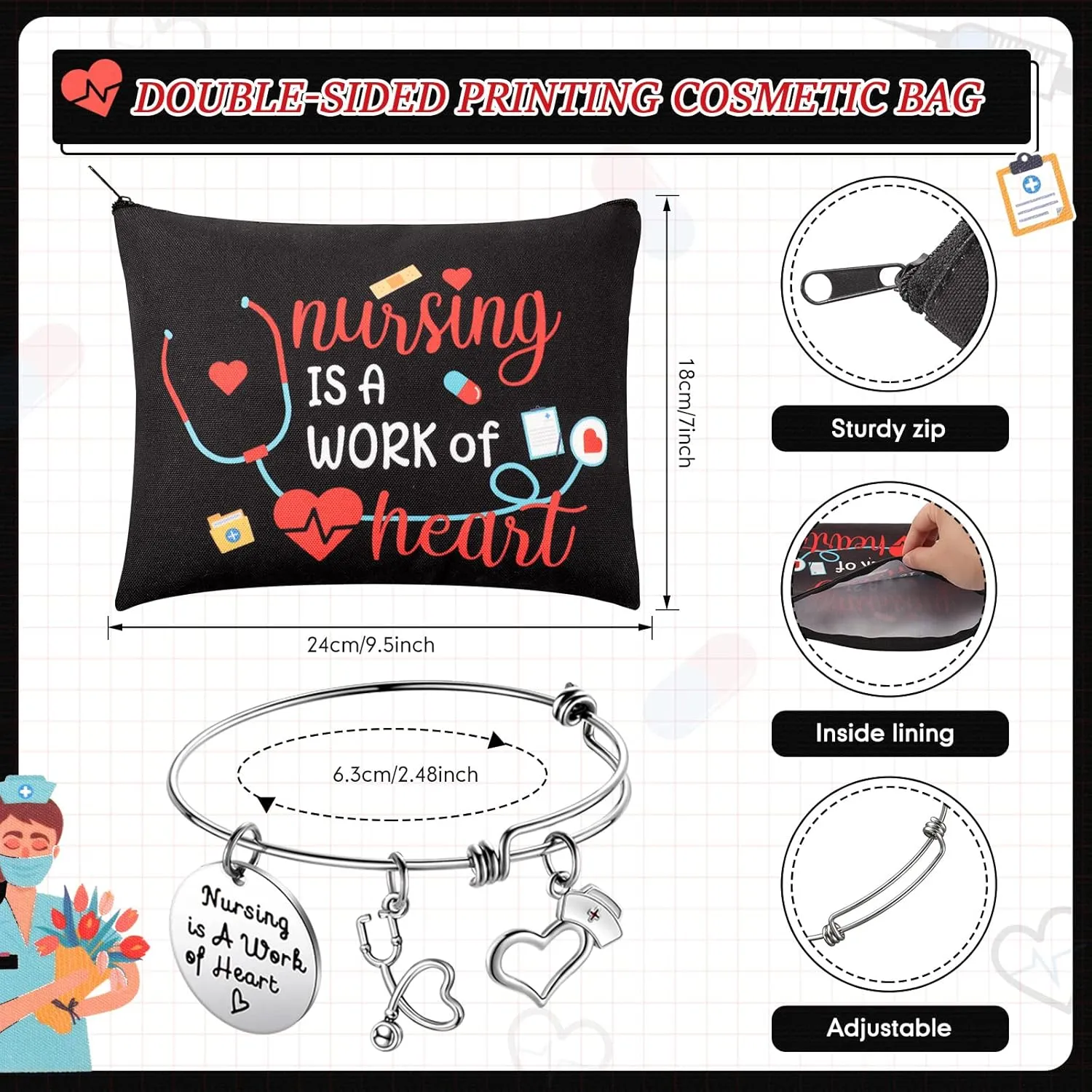 Yinkin 8 Pcs Nurse Appreciation Gifts Set Include 4 Makeup Cosmetic Bag with 4 Bracelets for Women CNA Week Nurse Assistant Day Birthday Nursing Graduation Gifts(Heart Style)
