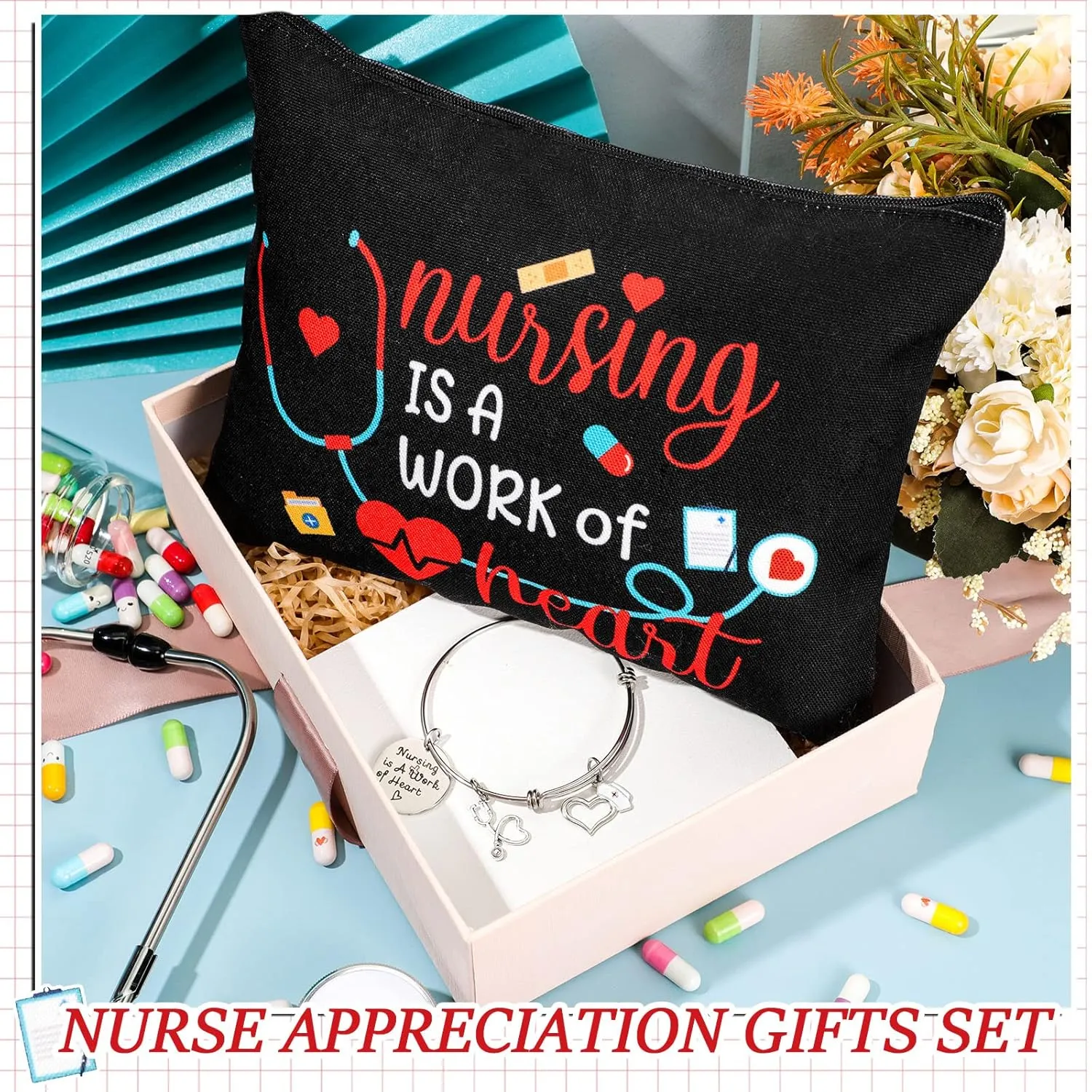Yinkin 8 Pcs Nurse Appreciation Gifts Set Include 4 Makeup Cosmetic Bag with 4 Bracelets for Women CNA Week Nurse Assistant Day Birthday Nursing Graduation Gifts(Heart Style)