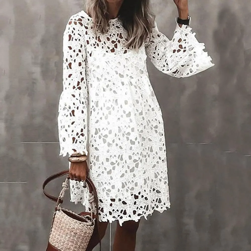 yoeasy Women Lace Embroidered Hollow Out Dress Elegant Summer Crew Neck Ruffle Casual Flowy Boho Mini Dress