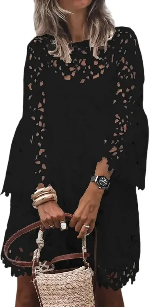 yoeasy Women Lace Embroidered Hollow Out Dress Elegant Summer Crew Neck Ruffle Casual Flowy Boho Mini Dress
